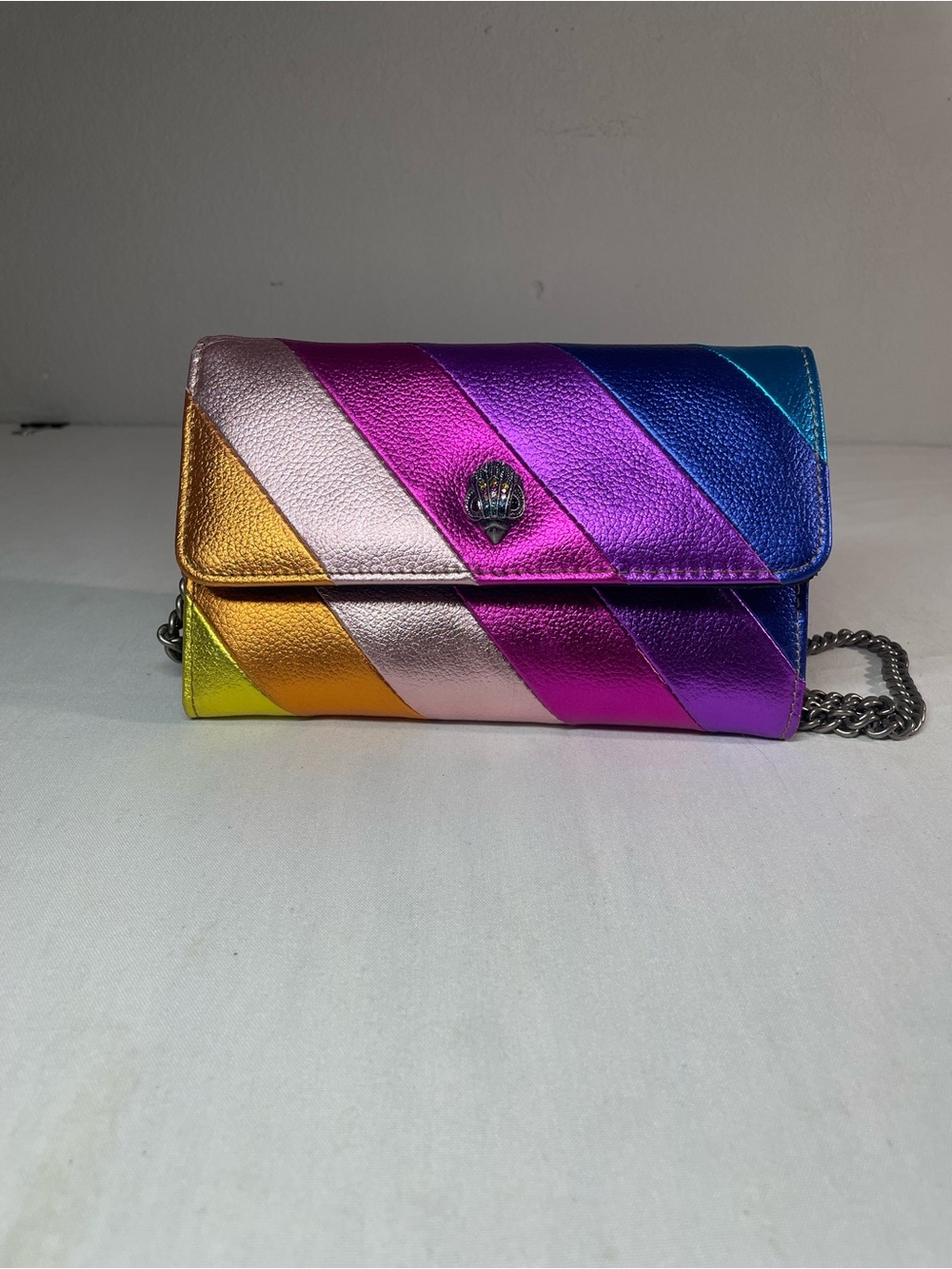 Kurt Geiger Metallic Rainbow Stripe Mini Crossbody in Pink Purple Blue Gold